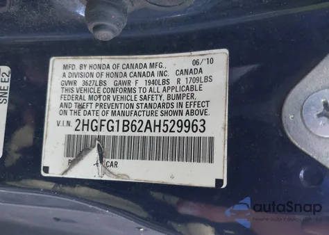 2010 Honda Civic Lx z USA, uszkodzony, nr VIN 2HGFG1B62AH529963